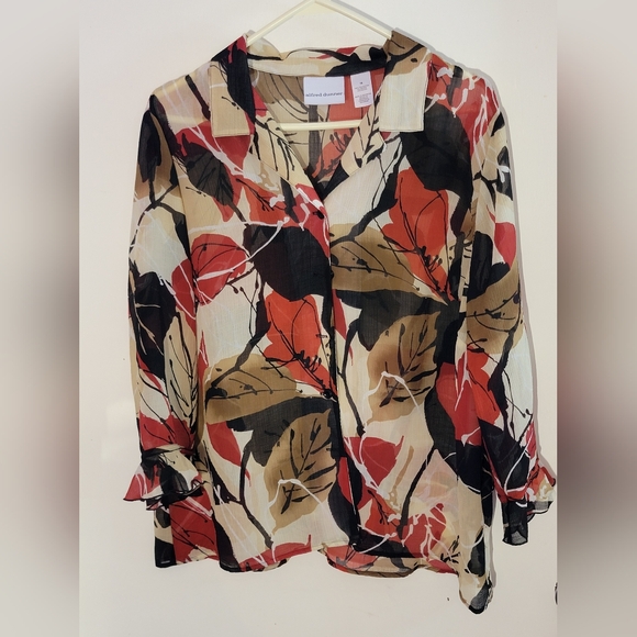 Alfred Dunner Red and Black Leaf Print Sheer Blouse - Picture 1 of 5